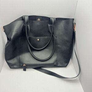 IFLY Black Tote Bag Double Handles Detachable Strap Rose Gold Hardware w/ Pouch